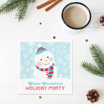Winter Wonderland Holiday Party Napkin<br><div class="desc">Winter wonderland holiday party napkin design features a happy winter snowman wearing a hat and scarf and custom text. The background has a pattern of snowflakes. Ice blue,  turquoise,  red,  and white colours with black and grey accents.</div>