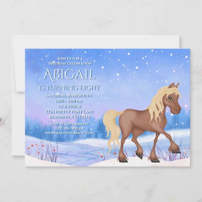 Winter Wonderland Horse and Snow Birthday Invitation (Front)