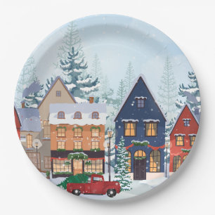 Winter wonderland houses paper plate