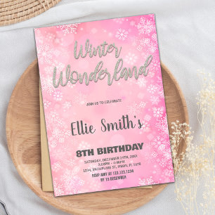 Winter Wonderland Invitations Pink Silver Glitter