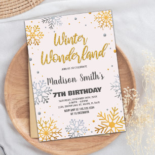 Winter Wonderland Invitations Snow Gold Glitter 