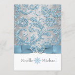 Winter Wonderland Joined Hearts Wedding Invite<br><div class="desc">Set the tone for your Christmas or winter wedding with this inexpensive, yet luxuriously elegant ice blue, silver grey floral FAUX glitter damask pattern wedding invitation that has a background of assorted white snowflakes on it and a PRINTED steel blue ribbon and bow with a pair of diamond jewels and...</div>