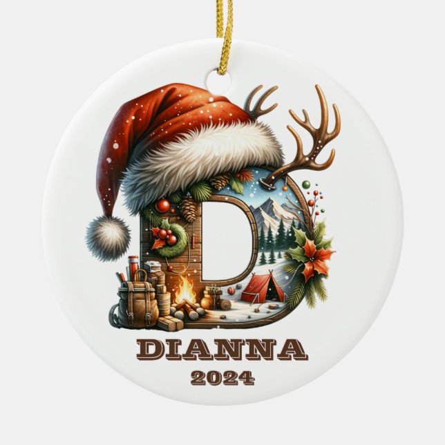 Winter Wonderland Letter D Santa Hat and Campfire Ceramic Ornament (Front)