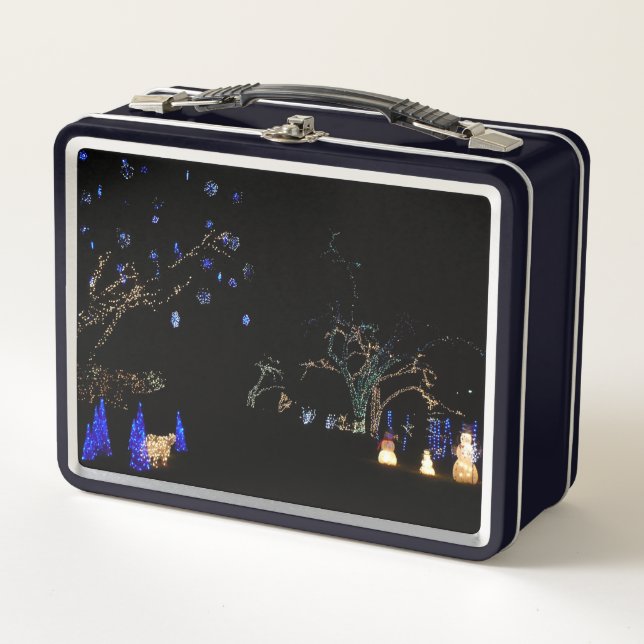 Winter Wonderland Lights Blue and White Holiday Metal Lunch Box (Front)