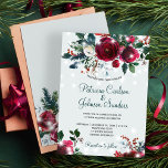 Winter wonderland lights Christmas floral wedding Invitation<br><div class="desc">Rustic winter seasonal wedding invitation template on a light dusty blue background featuring a beautiful dark red burgundy and white peony roses bouquet with hunter pine foliage, fir branches, red berries , strings of white magic twinkle lights and a chic dark green typography script. Easy to personalize with your details!...</div>