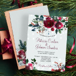 Winter wonderland lights Christmas floral wedding Invitation<br><div class="desc">Rustic winter seasonal wedding invitation template on a light dusty blue background featuring a beautiful burgundy and white peony roses bouquet with hunter pine green foliage, fir branches, red berries , strings of white magic twinkle lights and a chic dark red typography script. Easy to personalize with your details! The...</div>