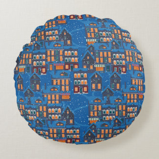Winter Wonderland: Nighttime House Scapes Round Pillow