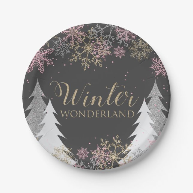Winter Wonderland Party Plates with Pink Snowflake (Front)