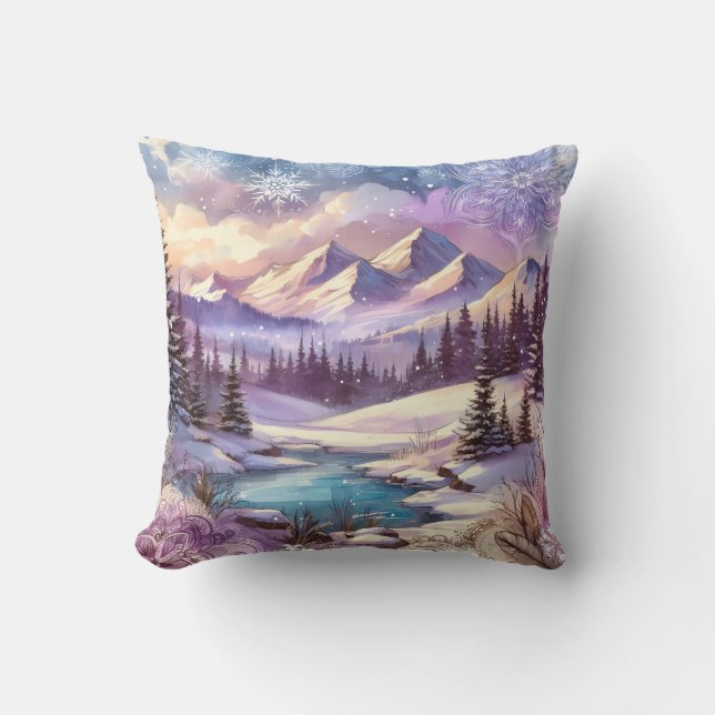 Winter Wonderland Patterns of Nature Mountain Lake Throw Pillow (Front)
