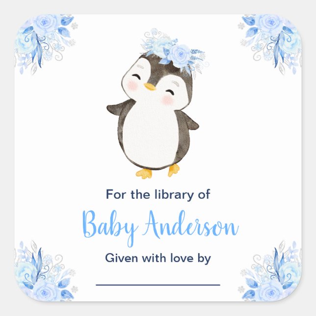 Winter Wonderland Penguin Baby Shower Bookplate Square Sticker (Front)