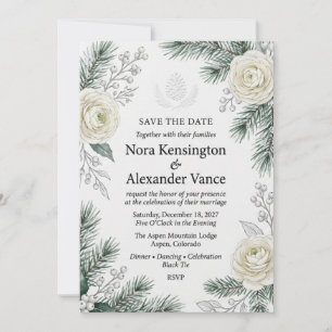 Winter Wonderland Pine and White Ranunculus Invitation