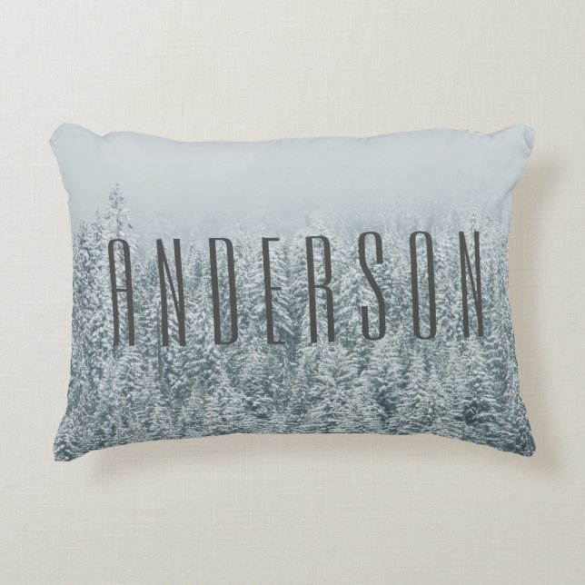 Winter Wonderland Pine Forest Family Name Decorative Pillow (Front)