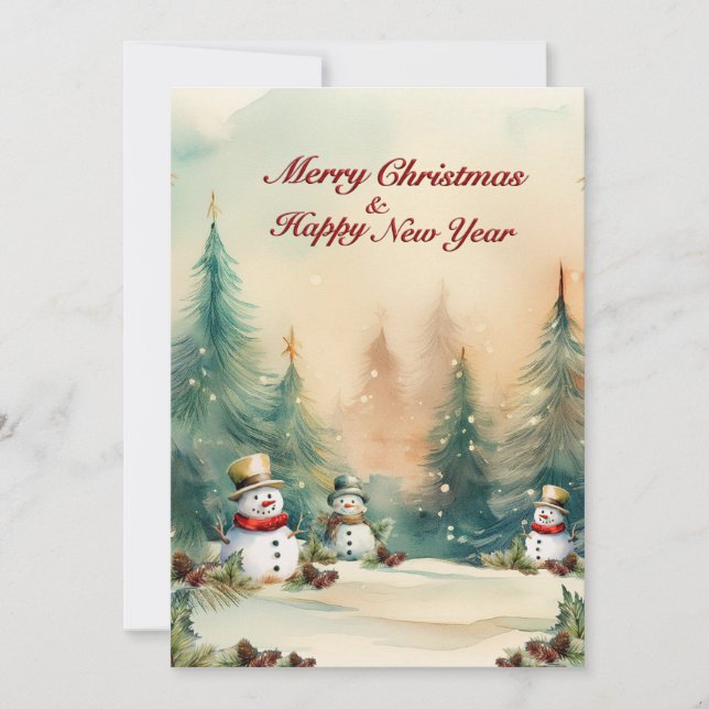 Winter Wonderland: Pine Trees and Snowmen Holiday Card (Front)