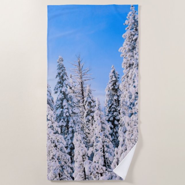 Winter Wonderland Pine Trees in Snow Beach Towel (Front)