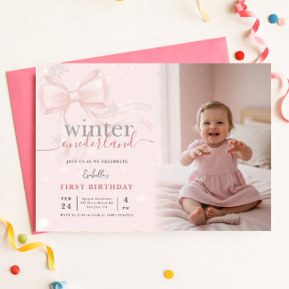 Winter Wonderland Pink Bow Photo First Birthday Invitation