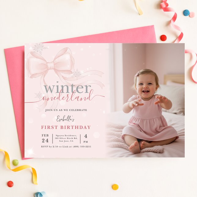 Winter Wonderland Pink Bow Photo First Birthday Invitation (Creator Uploaded)