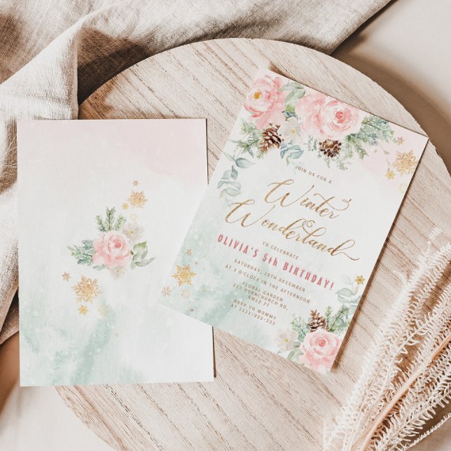 Winter wonderland pink gold snowflakes birthday invitation (Creator Uploaded)