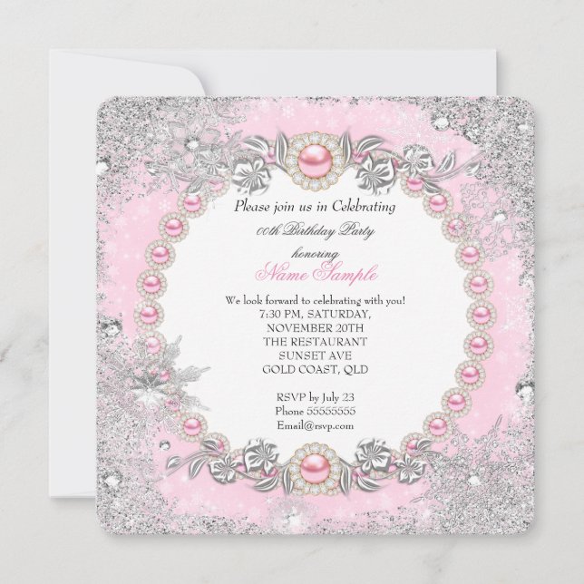 Winter Wonderland Pink Pearl Snowflake Birthday Invitation (Front)