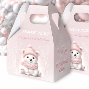 Winter Wonderland Pink Polar Bear 1st Birthday Favor Box