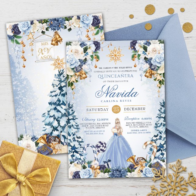 Winter Wonderland Quinceañera Snowy Blue Floral Invitation (Creator Uploaded)