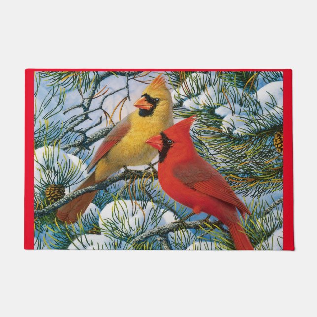 Winter Wonderland Red Cardinal Birds Christmas Doormat (Front)