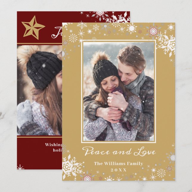 Winter Wonderland Red Gold Peace and Love 2 Photo Holiday Card (Front/Back)