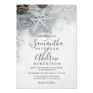 Winter wonderland silver snow typography wedding invitation