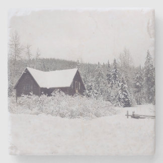 Winter Wonderland Snow and Cabin Scene Coaster