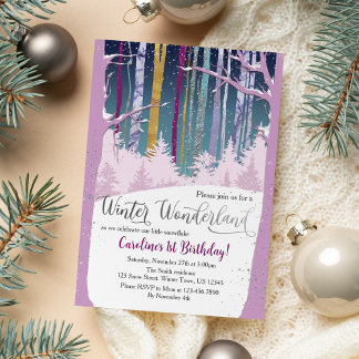 Winter Wonderland Snow Forest Purple Silver Photo Invitation