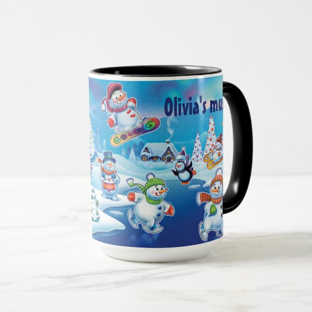 Winter Wonderland snow people mug custom name (Front Right)