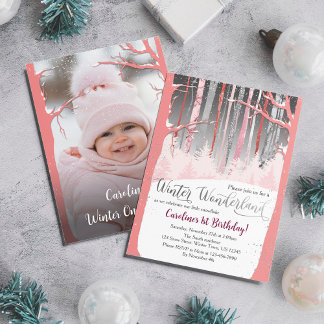 Winter Wonderland Snow Trees Pink Silver Photo Invitation