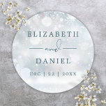 Winter Wonderland Snow Wedding Favour Classic Round Sticker<br><div class="desc">Elegant winter wonderland snow wedding sticker personalized with your names and special date. Designed by Thisisnotme©</div>