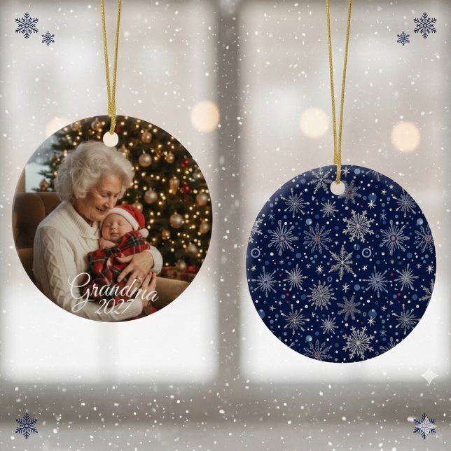 Winter Wonderland Snowflake Photo Ceramic Ornament (Grandma Photo Snowflake Christmas ornament)
