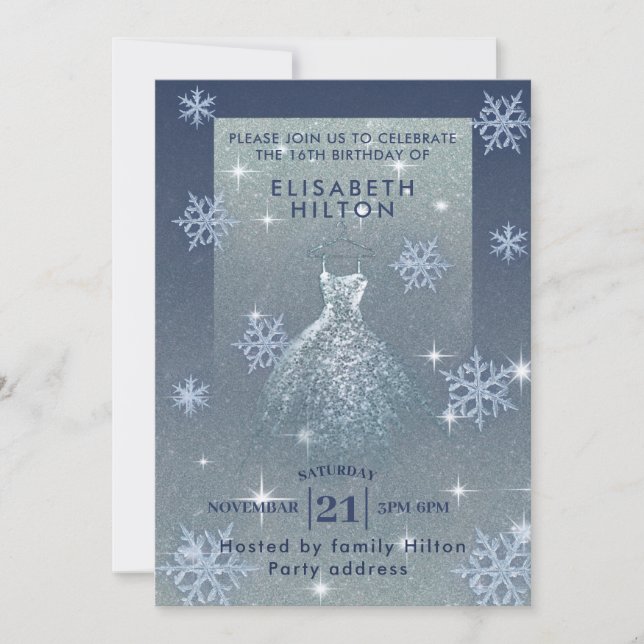 Winter wonderland snowflakes dress sweet sixteen invitation (Front)