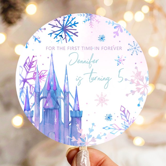 Winter Wonderland Snowflakes Girl Snow Birthday Classic Round Sticker (Creator Uploaded)