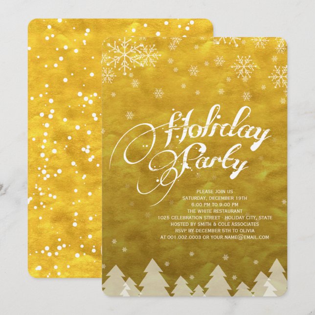 Winter Wonderland Snowflakes Golden Holiday Party Invitation (Front/Back)