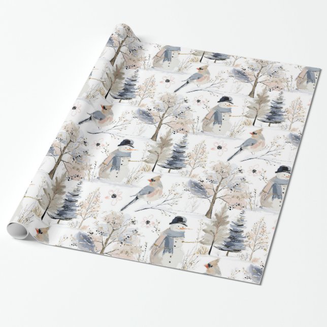 Winter Wonderland Snowman and Bird Pattern Wrapping Paper (Unrolled)