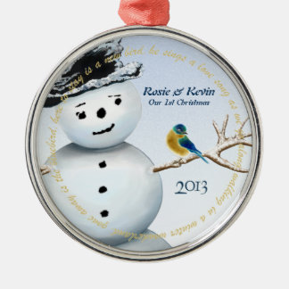 Winter Wonderland Snowman with Love Bird Metal Ornament