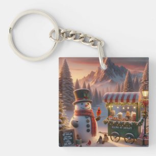 Winter Wonderland Snowman's Hot Chocolate Cart Keychain