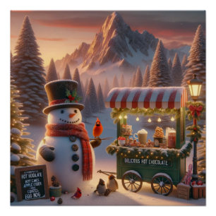 Winter Wonderland Snowman's Hot Chocolate Cart Poster