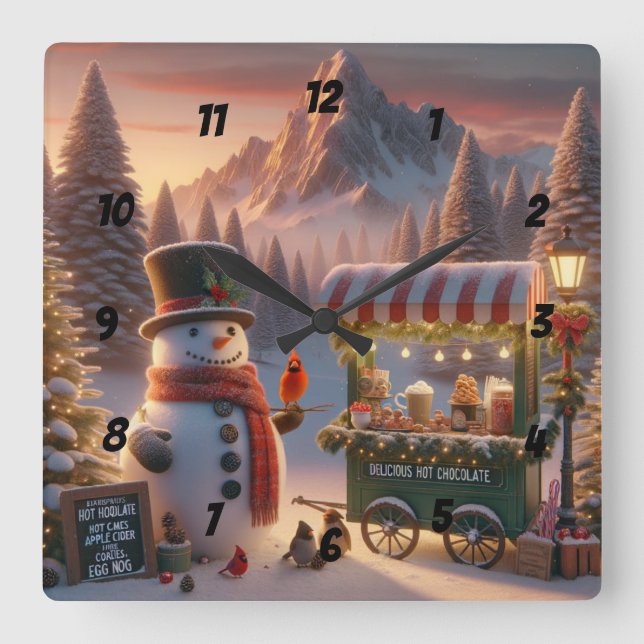 Winter Wonderland Snowman's Hot Chocolate Cart Square Wall Clock (Front)