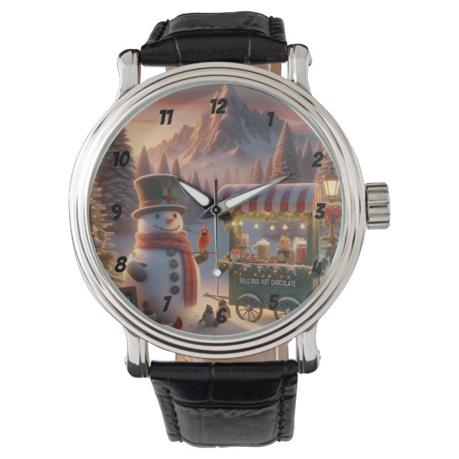 Winter Wonderland Snowman's Hot Chocolate Cart Watch (Front)