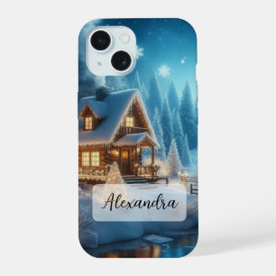 Winter Wonderland Snowy Cabin with Frozen River iPhone 15 Case