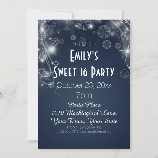 Winter Wonderland Theme Blue Sweet 16 Birthday Invitation (Front)