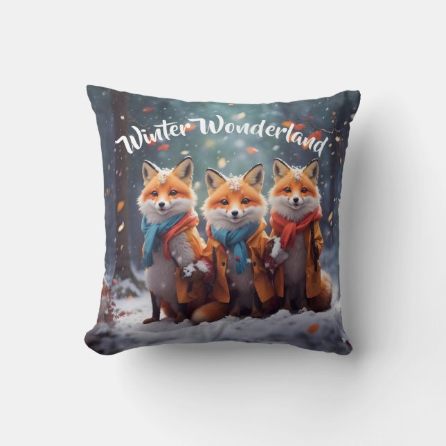 Winter Wonderland Throw Pillow Cute Smiling Foxes (Front)