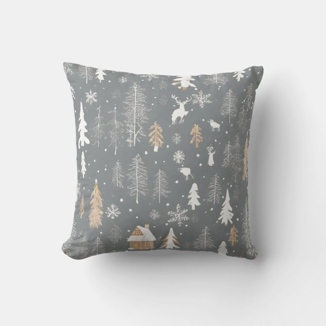 Winter Wonderland Throw Pillow with trees & deer (Front)