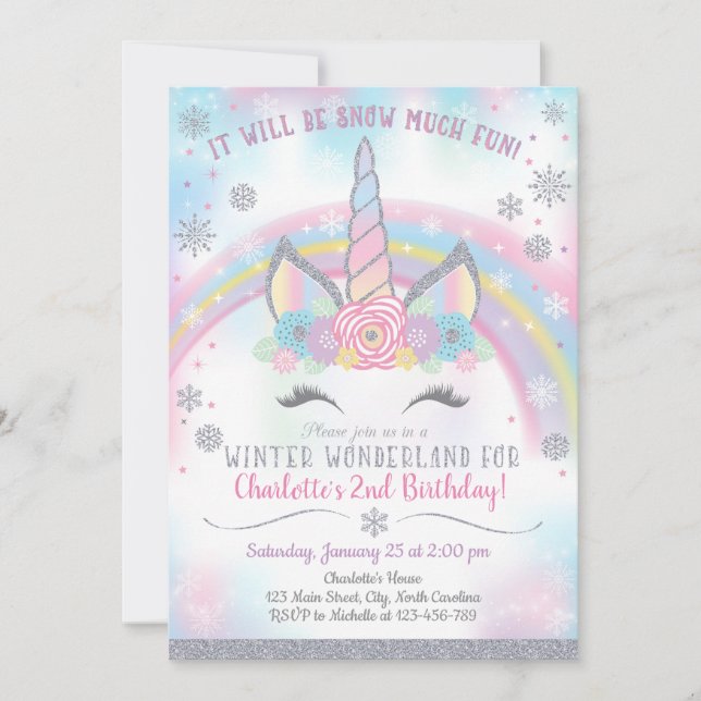 Winter Wonderland Unicorn Birthday Invitation (Front)