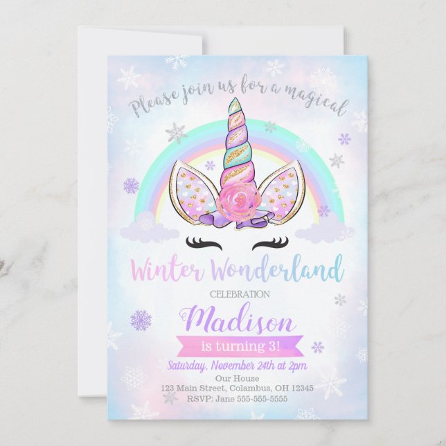 Winter Wonderland Unicorn Birthday Invitation (Front)