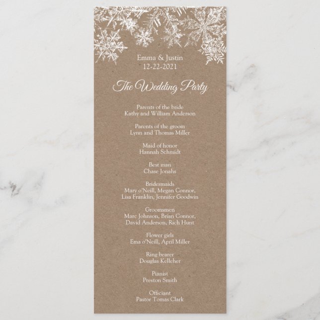 Winter Wonderland White & Kraft Snowflakes Wedding Program (Front)