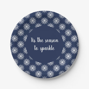 Winter Wonderland White Snowflake Midnight blue Paper Plate
